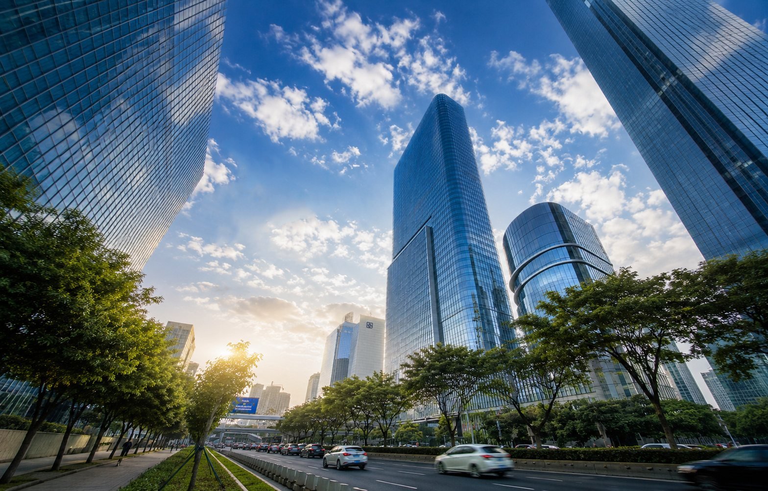 Gedung perkantoran modern di antara pepohonan