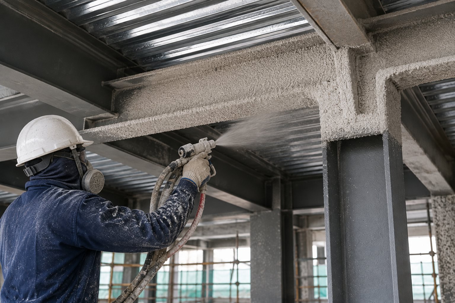Aplikasi spray fireproofing pada struktur bangunan