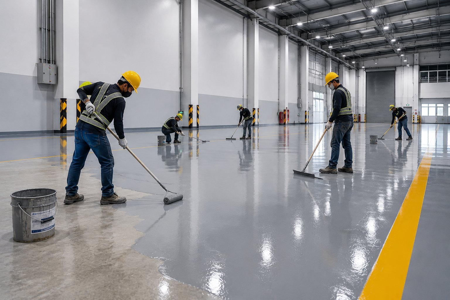 Pekerja mengaplikasikan floor coating pada lantai industri