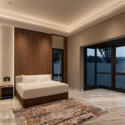 Interior kamar tidur dengan panel kayu